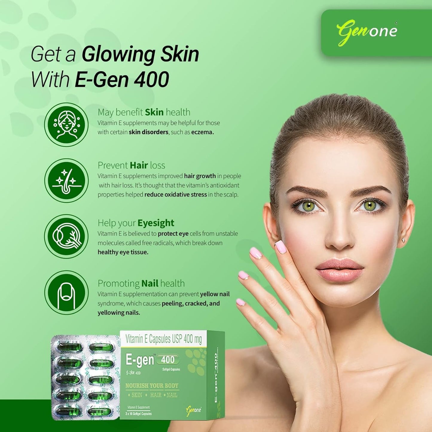 GENONE E-Gen 400 Vitamin E Capsules - Boosts Skin, Face, and Hair Glow (30 Capsules)