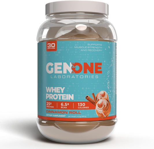 GenOne Laboratories Cinnamon Roll Whey Protein Isolate Powder - 25g Protein, 6.5g BCAAs, Low Carb, Fast Digesting - 30 Servings