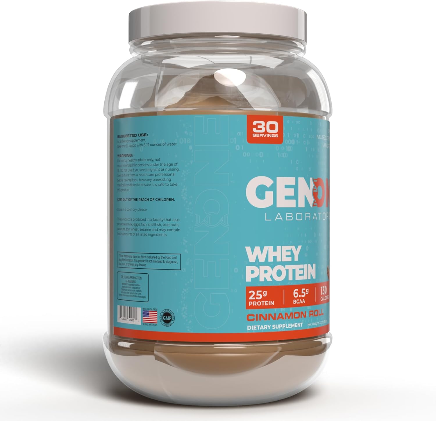 GenOne Laboratories Cinnamon Roll Whey Protein Isolate Powder - 25g Protein, 6.5g BCAAs, Low Carb, Fast Digesting - 30 Servings