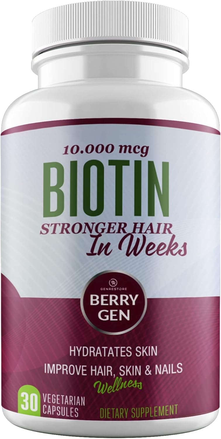 Genrestore Berry Gen Biotin Supplement 10000 mcg Capsules - Hair Growth & Skin Health Support - Vegan Formula - 30 Count