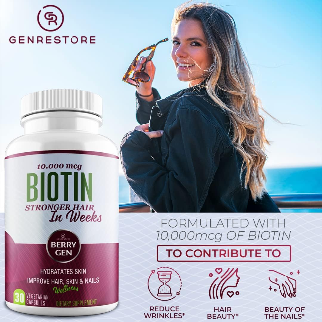 Genrestore Berry Gen Biotin Supplement 10000 mcg Capsules - Hair Growth & Skin Health Support - Vegan Formula - 30 Count