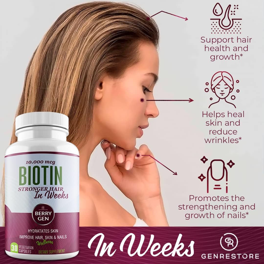 Genrestore Berry Gen Biotin Supplement 10000 mcg Capsules - Hair Growth & Skin Health Support - Vegan Formula - 30 Count