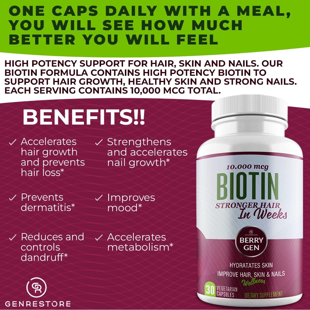Genrestore Berry Gen Biotin Supplement 10000 mcg Capsules - Hair Growth & Skin Health Support - Vegan Formula - 30 Count
