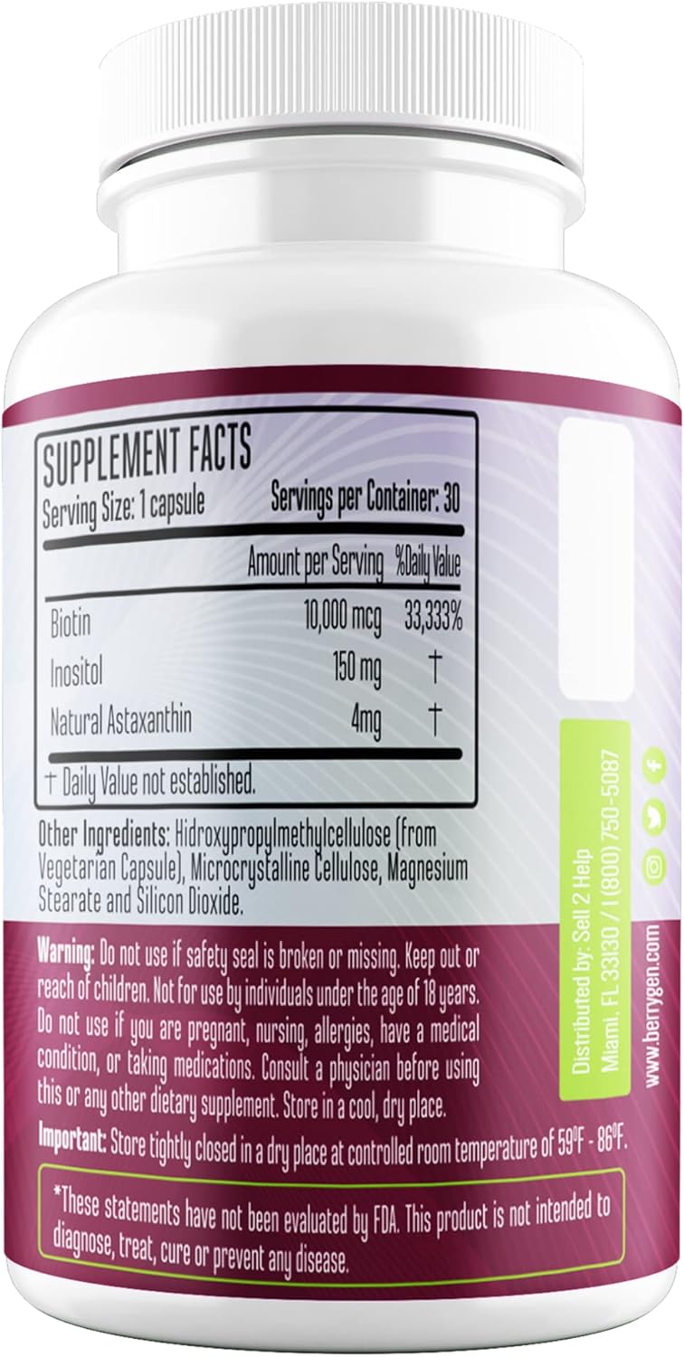 Genrestore Berry Gen Biotin Supplement 10000 mcg Capsules - Hair Growth & Skin Health Support - Vegan Formula - 30 Count