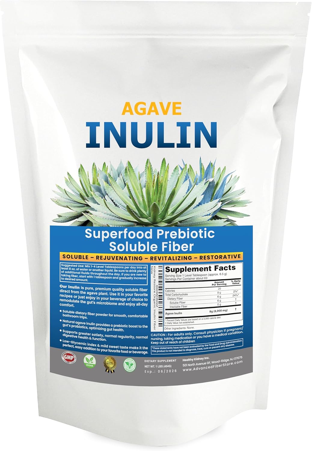 Gentle Agave Inulin Prebiotic Powder for Kidney Health, Digestive Support & Gut Health - 16oz Vegan Supplement