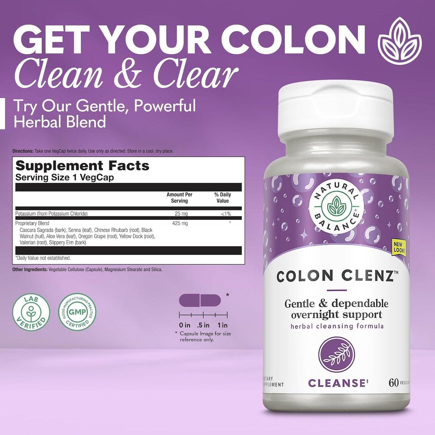 Gentle Herbal Colon Cleanse & Detox Supplement | Overnight Formula for Digestive Health - Natural Balance Colon Clenz - 60 VegCaps - 60-Day Guarantee