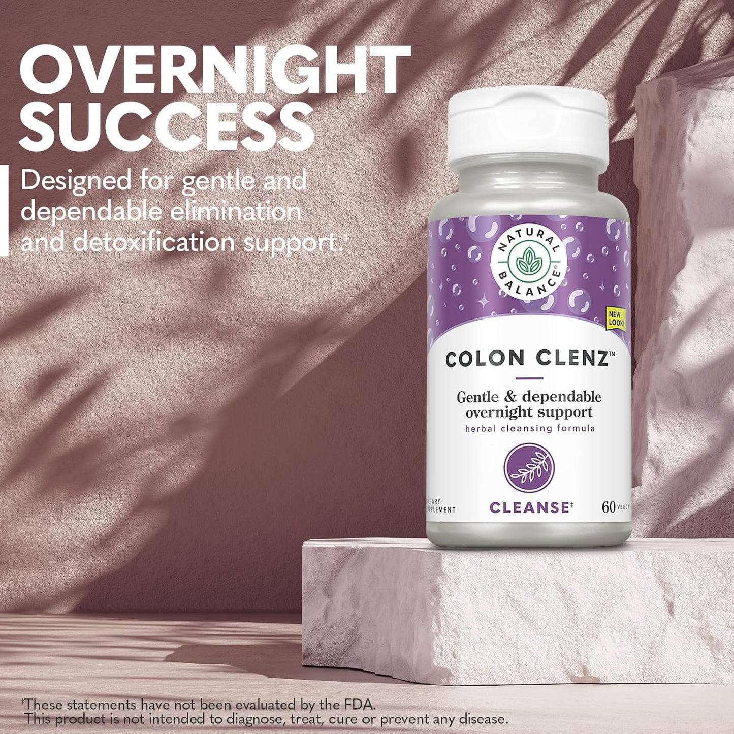 Gentle Herbal Colon Cleanse & Detox Supplement | Overnight Formula for Digestive Health - Natural Balance Colon Clenz - 60 VegCaps - 60-Day Guarantee