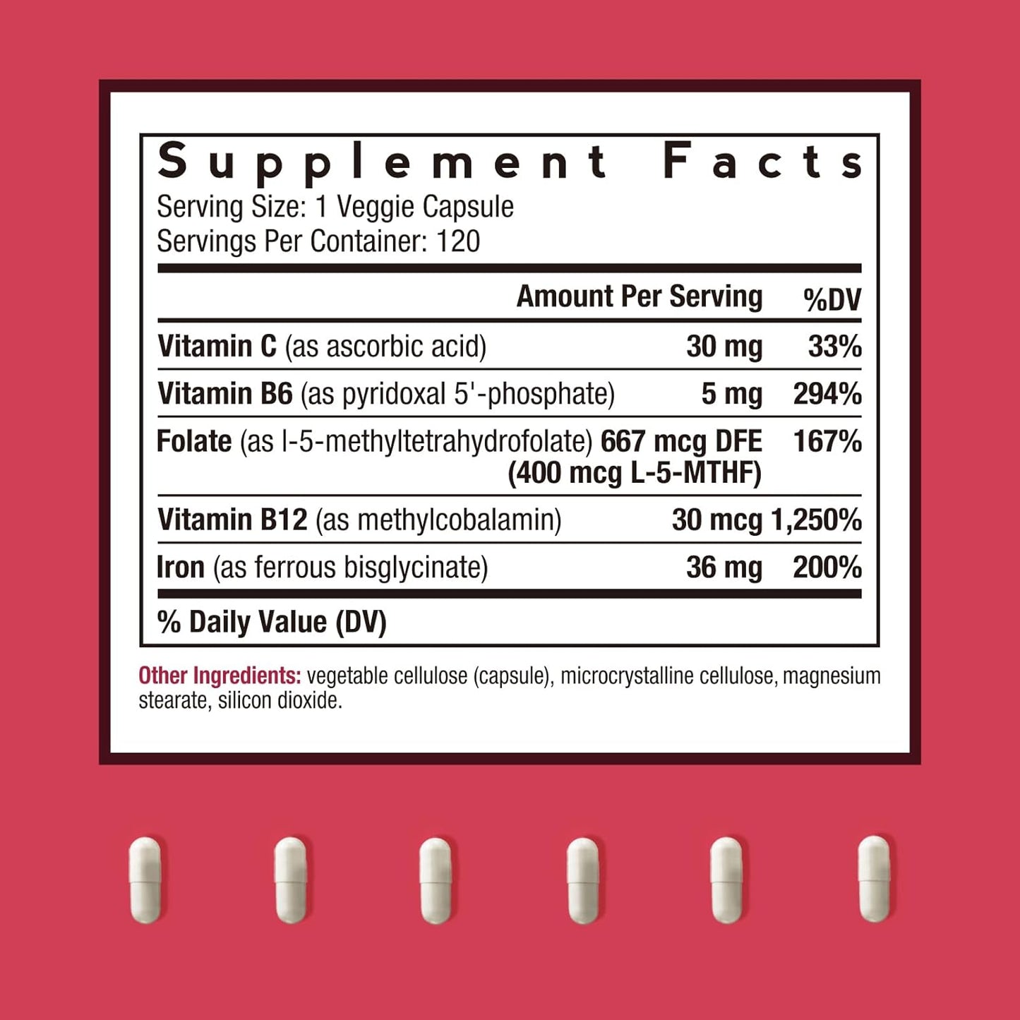 Gentle Iron Supplement for Women and Men with Vitamin C, B6, Folate & B12 - Non-Constipating Vegan Capsules for Blood & Energy Support