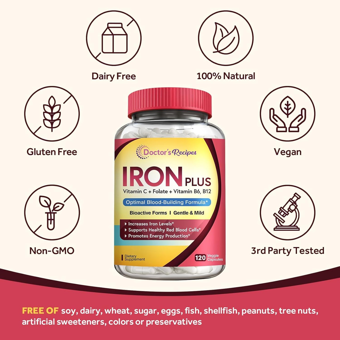 Gentle Iron Supplement for Women and Men with Vitamin C, B6, Folate & B12 - Non-Constipating Vegan Capsules for Blood & Energy Support