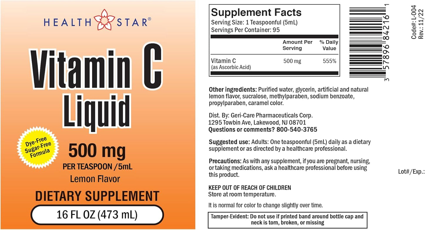 Geriatricare 500mg Liquid Vitamin C Supplement - Orange Flavored Immune System Booster - 16 Fl Oz Bottle