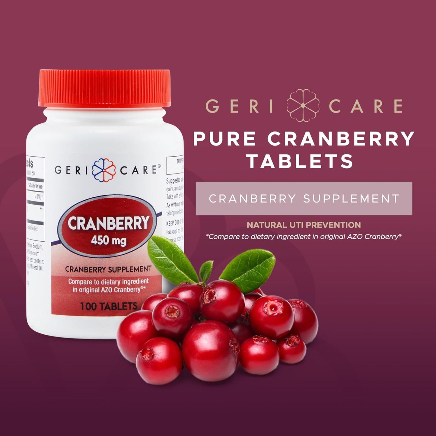 GeriCare High-Potency 450mg Pure Cranberry Tablets - Natural UTI Prevention for Men & Women - GMO, Gluten & Dairy Free - 100 Count