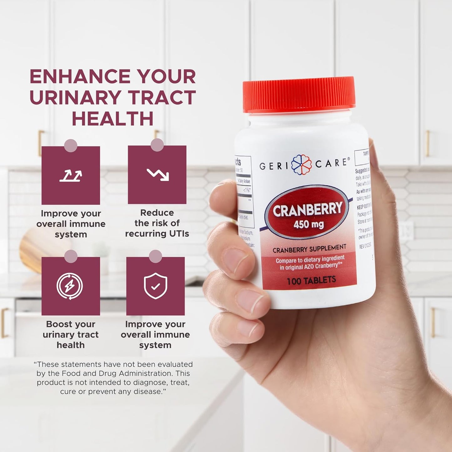 GeriCare High-Potency 450mg Pure Cranberry Tablets - Natural UTI Prevention for Men & Women - GMO, Gluten & Dairy Free - 100 Count