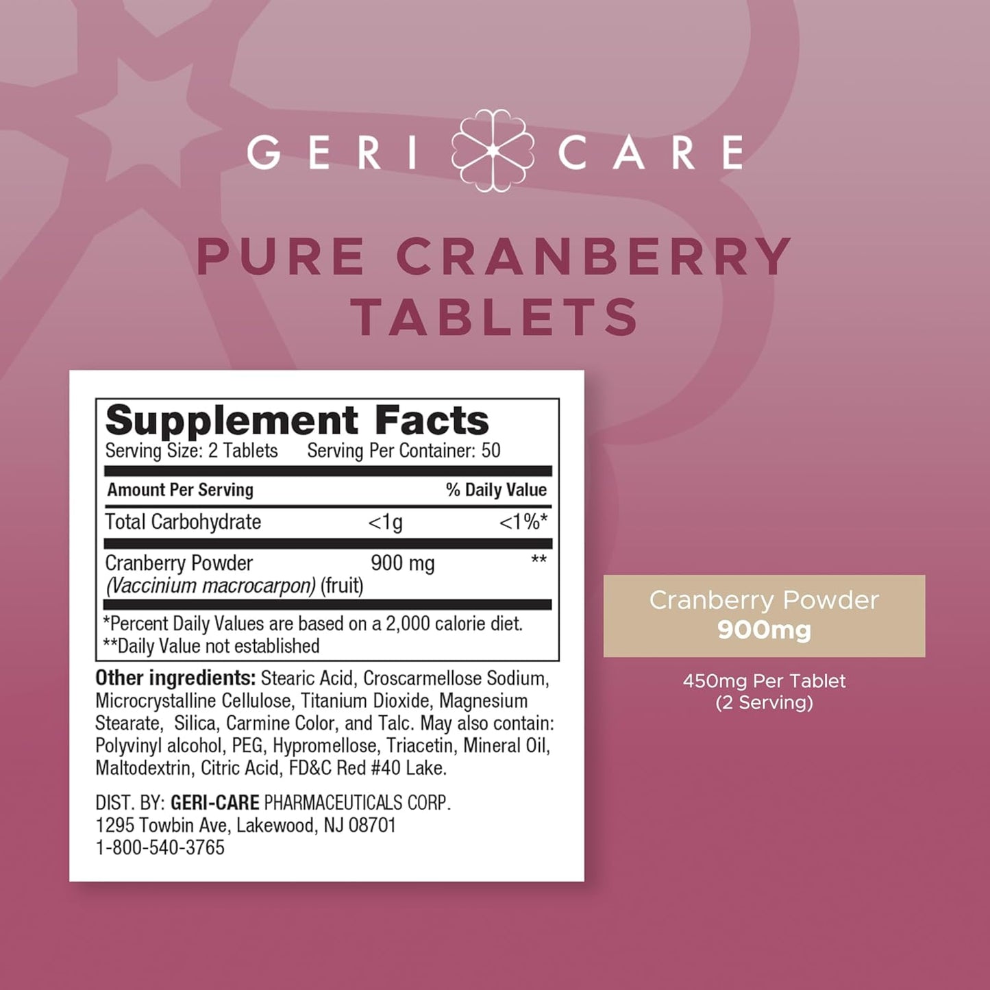 GeriCare High-Potency 450mg Pure Cranberry Tablets - Natural UTI Prevention for Men & Women - GMO, Gluten & Dairy Free - 100 Count