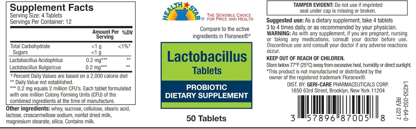 GeriCare Probiotic Lactobacillus Dietary Supplement Tablets for Digestive Health - 50 Count Pack