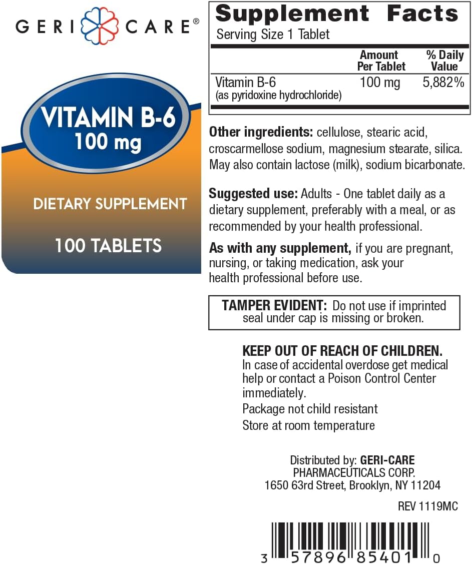 Gericare Vitamin B-6 100 mg Tablets - 100 Count Bottle for Daily Health Support