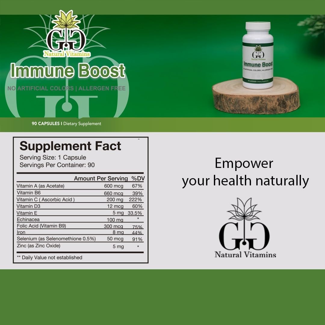 GG Natural Vitamins Immune Boost Supplement for Adults - 90 Capsules, Unflavored - Daily Support with Vitamins A, B6, C, D3, E, Echinacea, Folic Acid, Iron, Selenium, and Zinc
