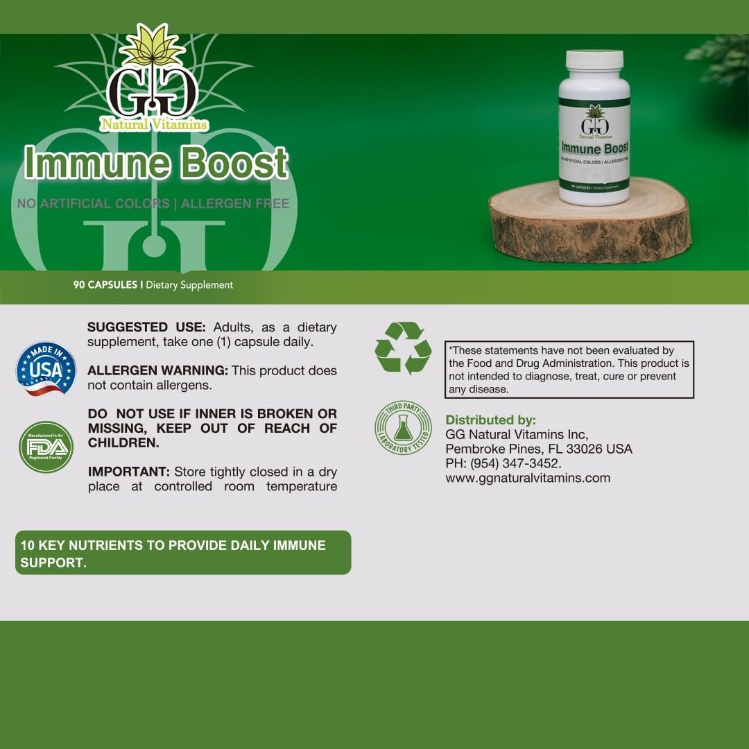 GG Natural Vitamins Immune Boost Supplement for Adults - 90 Capsules, Unflavored - Daily Support with Vitamins A, B6, C, D3, E, Echinacea, Folic Acid, Iron, Selenium, and Zinc