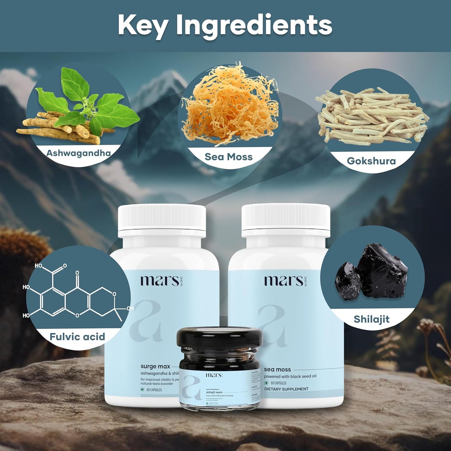GHC Performance Plus Combo: Mars Surge Max Caps, Pure Himalayan Shilajit Resin, Black Seed & Sea Moss Caps