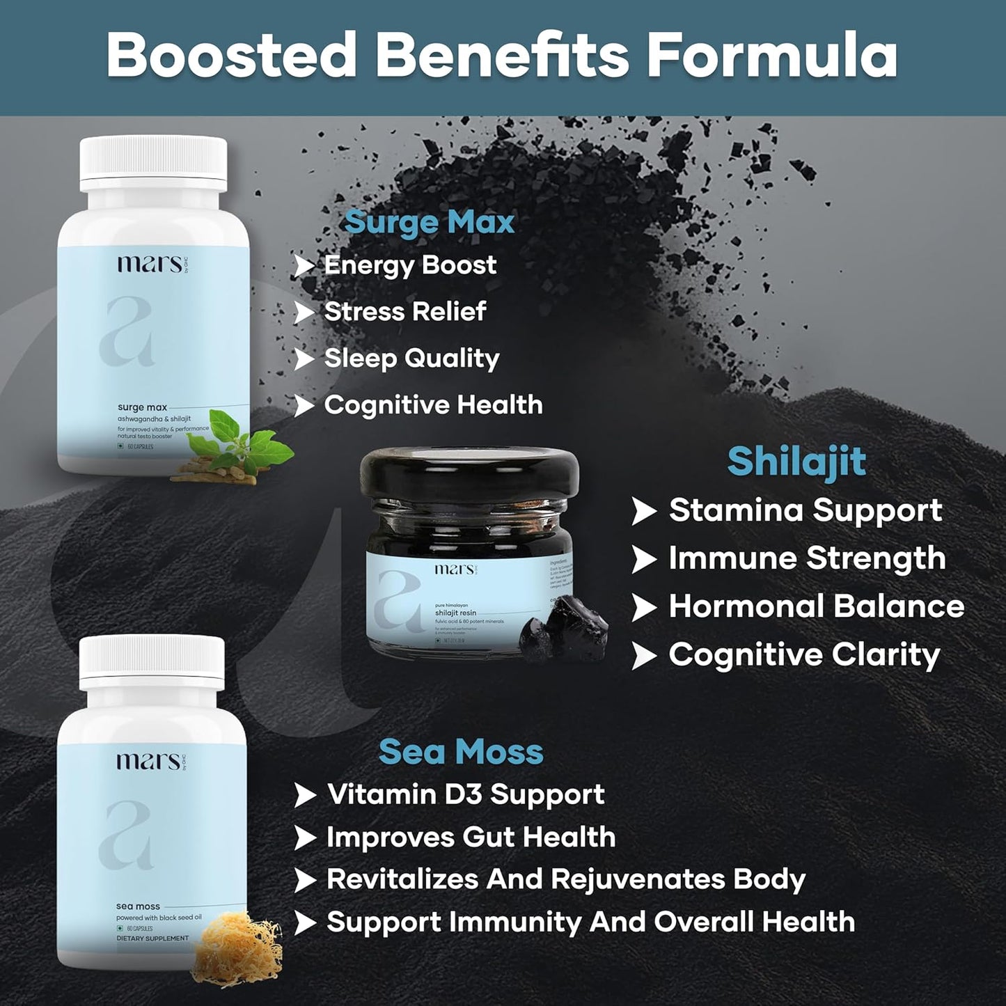 GHC Performance Plus Combo: Mars Surge Max Caps, Pure Himalayan Shilajit Resin, Black Seed & Sea Moss Caps