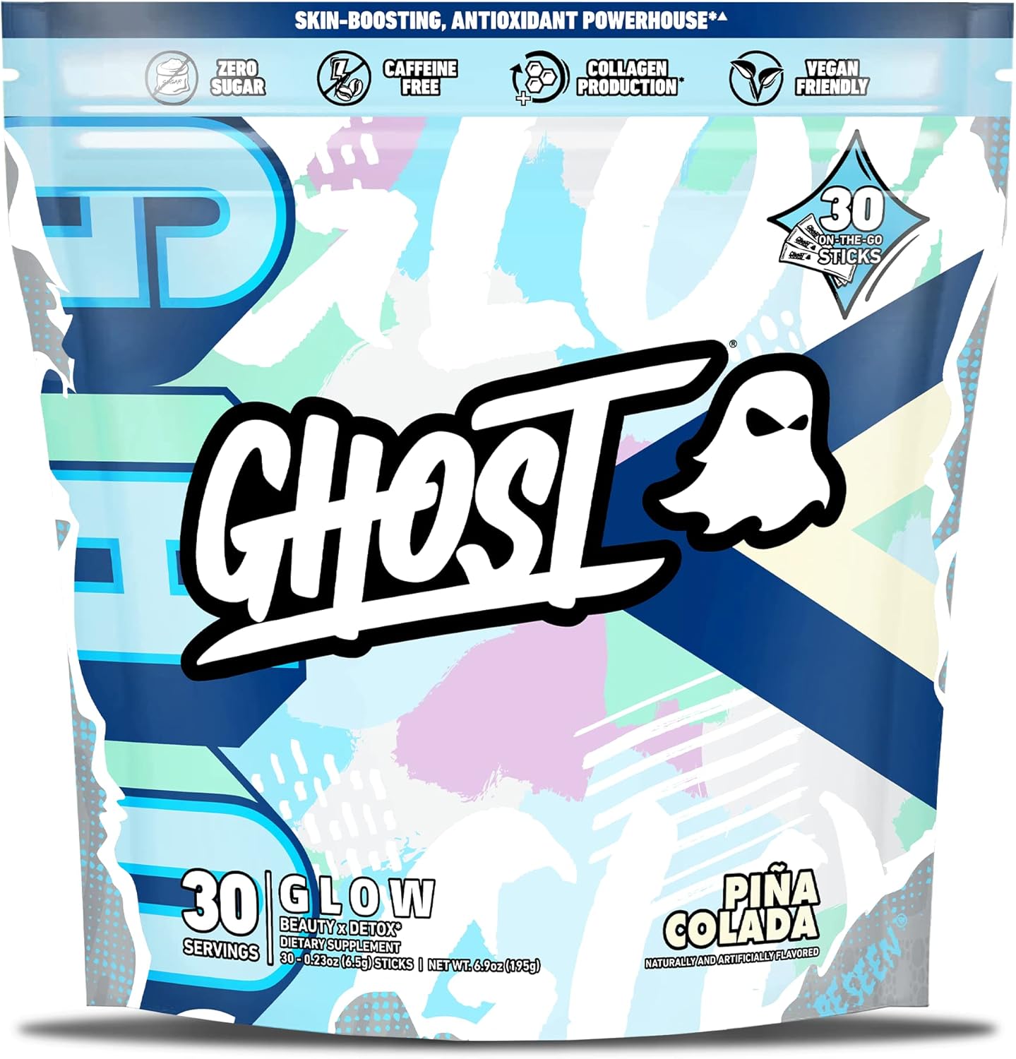 GHOST Glow Sticks: Pina Colada Beauty & Detox Supplement - 30 Packs with Hyaluronic Acid, Biotin, L-Theanine - Skin-Boosting Formula, Sugar & Gluten Free