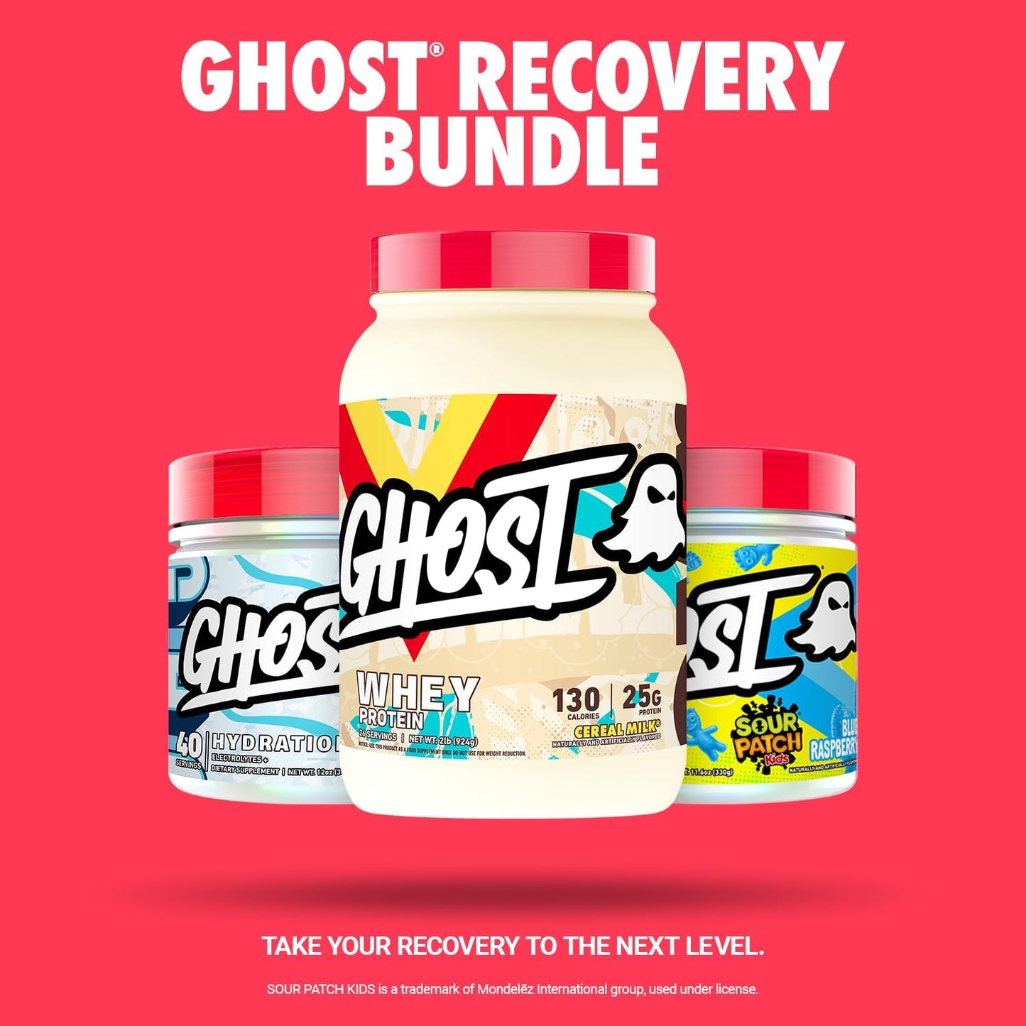GHOST Supplement Bundle: Whey Protein (Cereal Milk), BCAA Amino Acids (Sour Patch Kids Blue Raspberry), Electrolyte Powder (Kiwi Strawberry)
