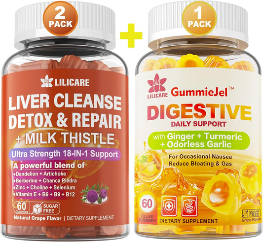 Ginger Chews Supplement Gummies Bundle for Nausea, Stomach Relief, Liver Cleanse & Repair - with Milk Thistle for Detox