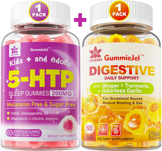 Ginger Chews Supplement Gummies for Nausea & Stomach Relief + 5HTP Gummies for Adults & Kids 8+ with GABA & Magnesium