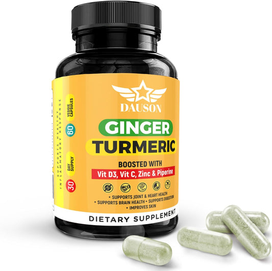 Ginger Turmeric Supplements with Vitamin D3, C, Pepper, Zinc & Orange - Supports Joint, Gut, and Skin Health