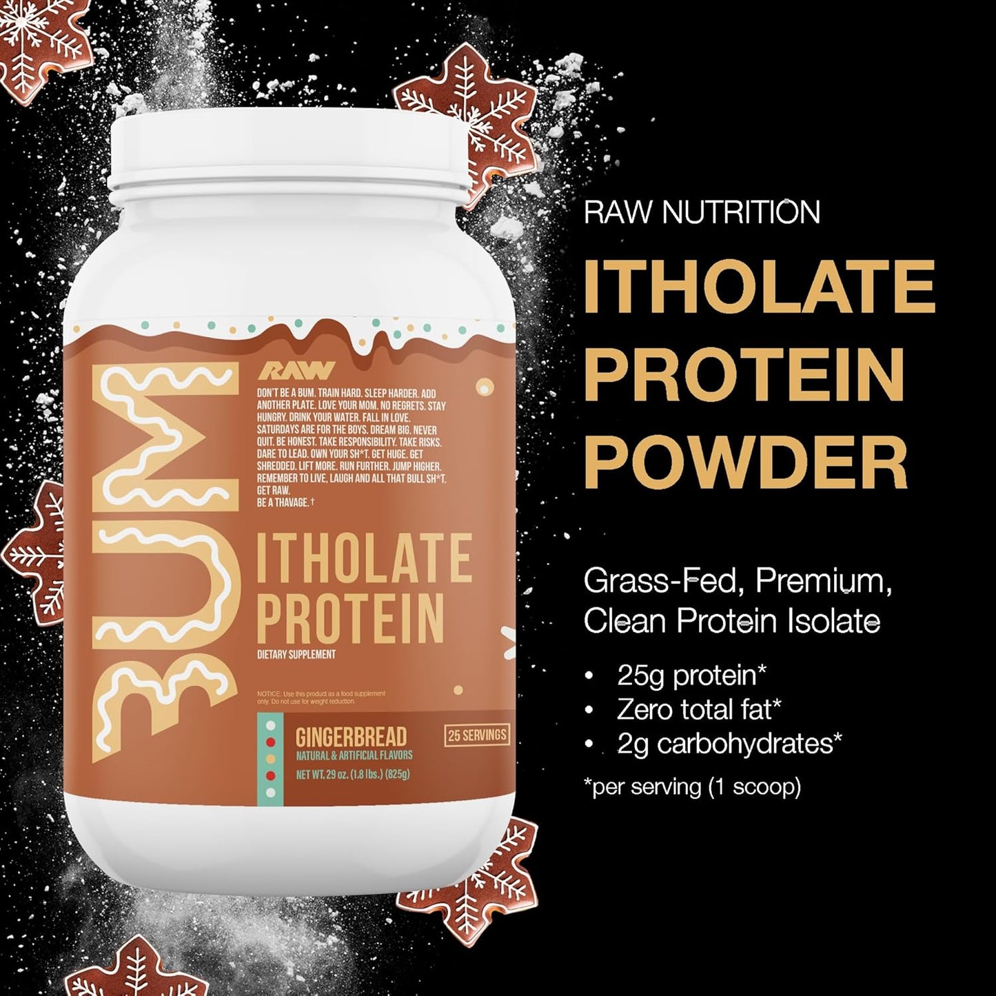 Gingerbread Whey Isolate Protein Powder - Grass-Fed Sports Nutrition for Muscle Growth & Recovery - Low-Fat, Low Carb, 25 Servings