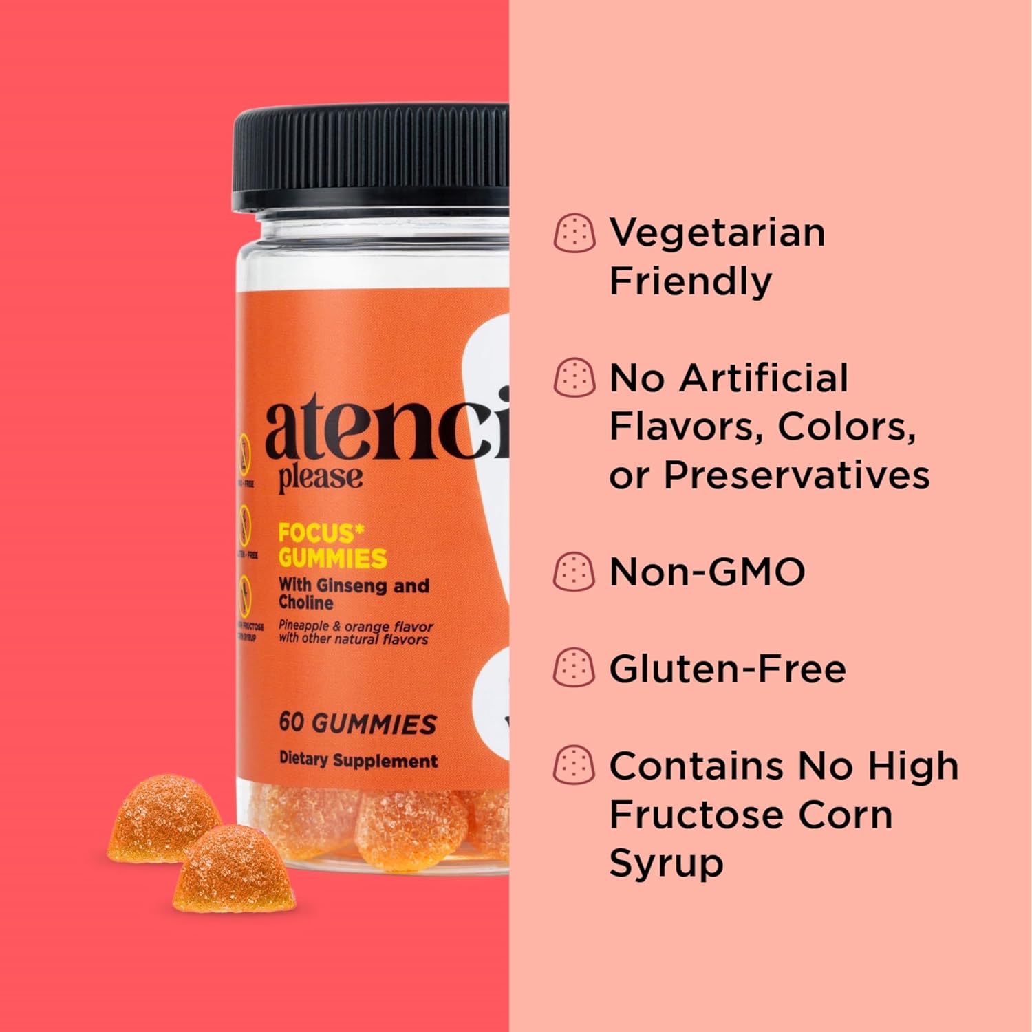 Ginseng and Choline Gummy Supplement for Energy and Focus, Pineapple Orange Flavor, 60 Count for Men and Women