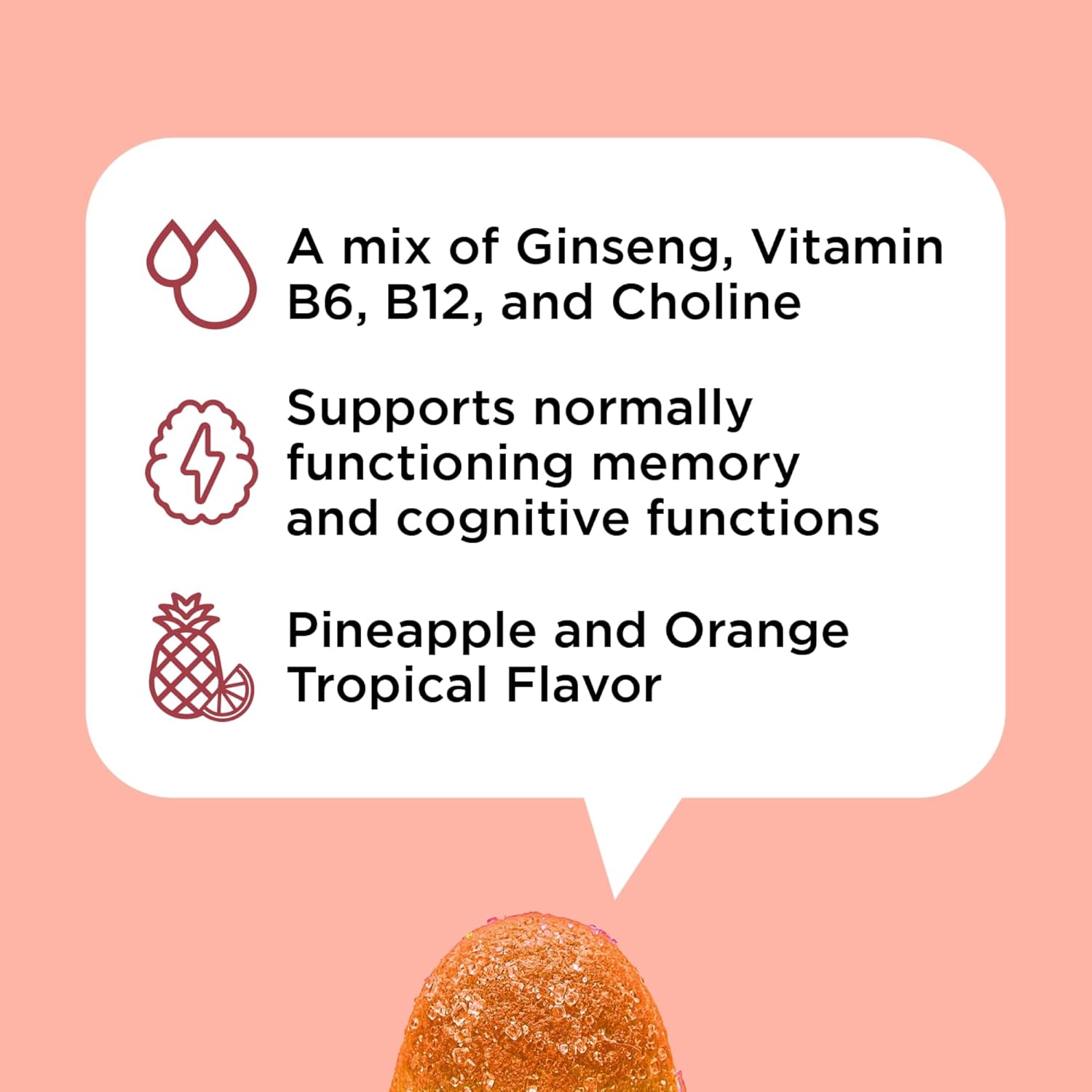 Ginseng and Choline Gummy Supplement for Energy and Focus, Pineapple Orange Flavor, 60 Count for Men and Women