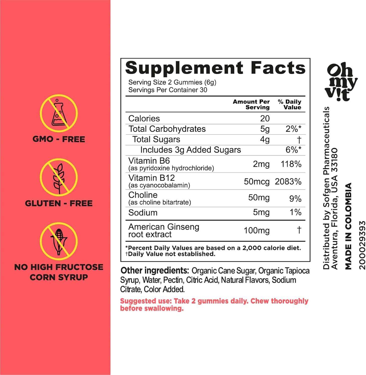 Ginseng and Choline Gummy Supplement for Energy and Focus, Pineapple Orange Flavor, 60 Count for Men and Women