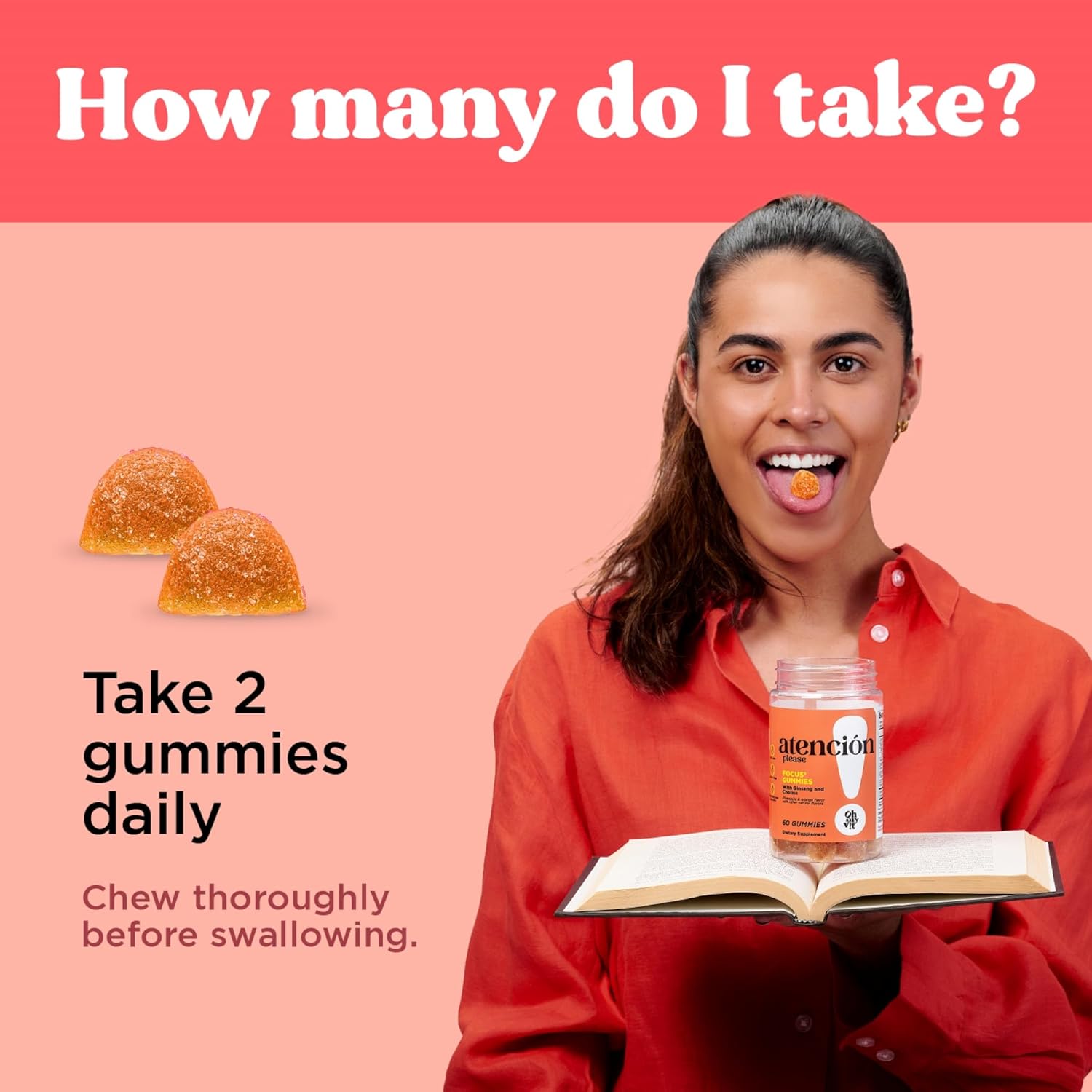 Ginseng and Choline Gummy Supplement for Energy and Focus, Pineapple Orange Flavor, 60 Count for Men and Women