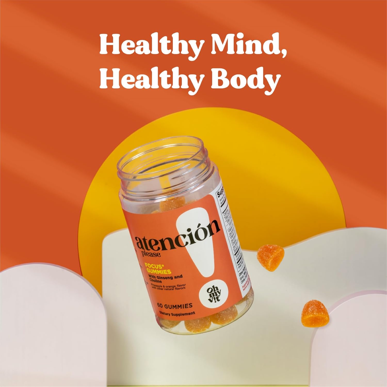 Ginseng and Choline Gummy Supplement for Energy and Focus, Pineapple Orange Flavor, 60 Count for Men and Women