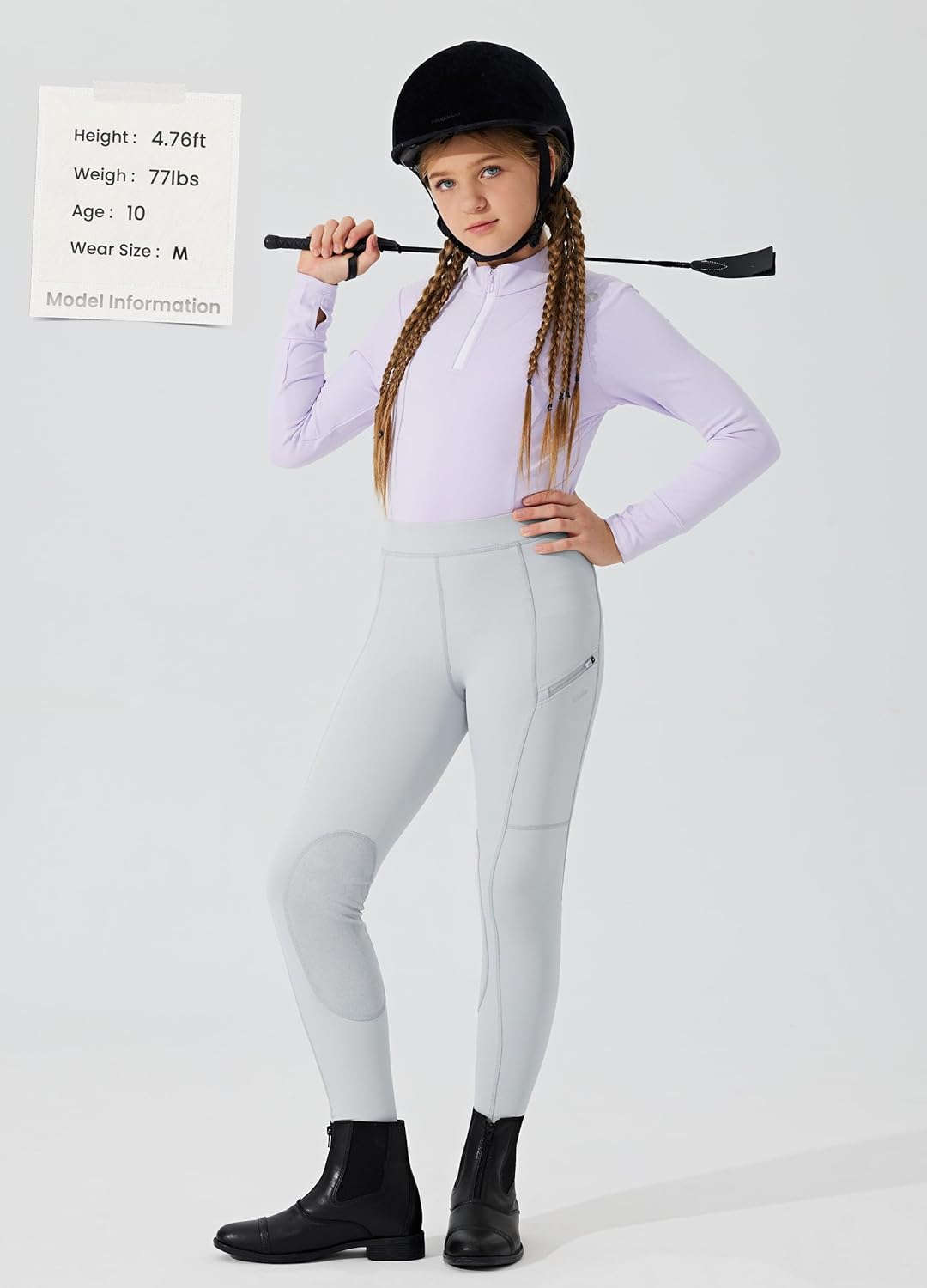 Girls Horse Riding Pants Tights with Knee-Patch and Zipper Pockets for Youth Equestrian Schooling