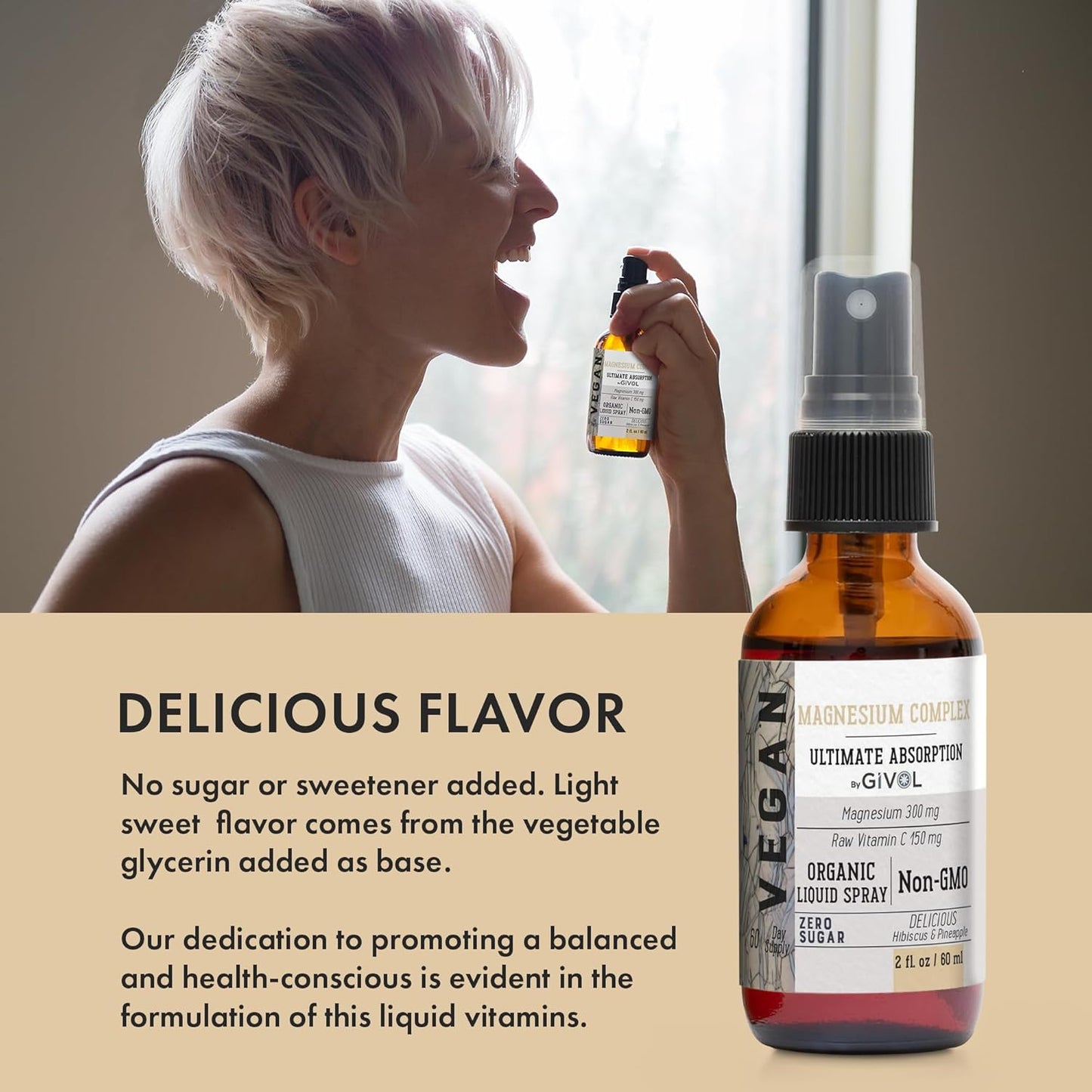 GIVOL Tri Magnesium Complex Liquid Spray with Raw Vitamin C - 300mg for Serenity and Body Decompression - Hibiscus Pineapple Flavor - 60ml