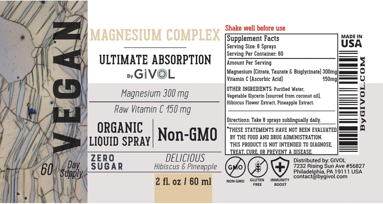 GIVOL Tri Magnesium Complex Liquid Spray with Raw Vitamin C - 300mg for Serenity and Body Decompression - Hibiscus Pineapple Flavor - 60ml