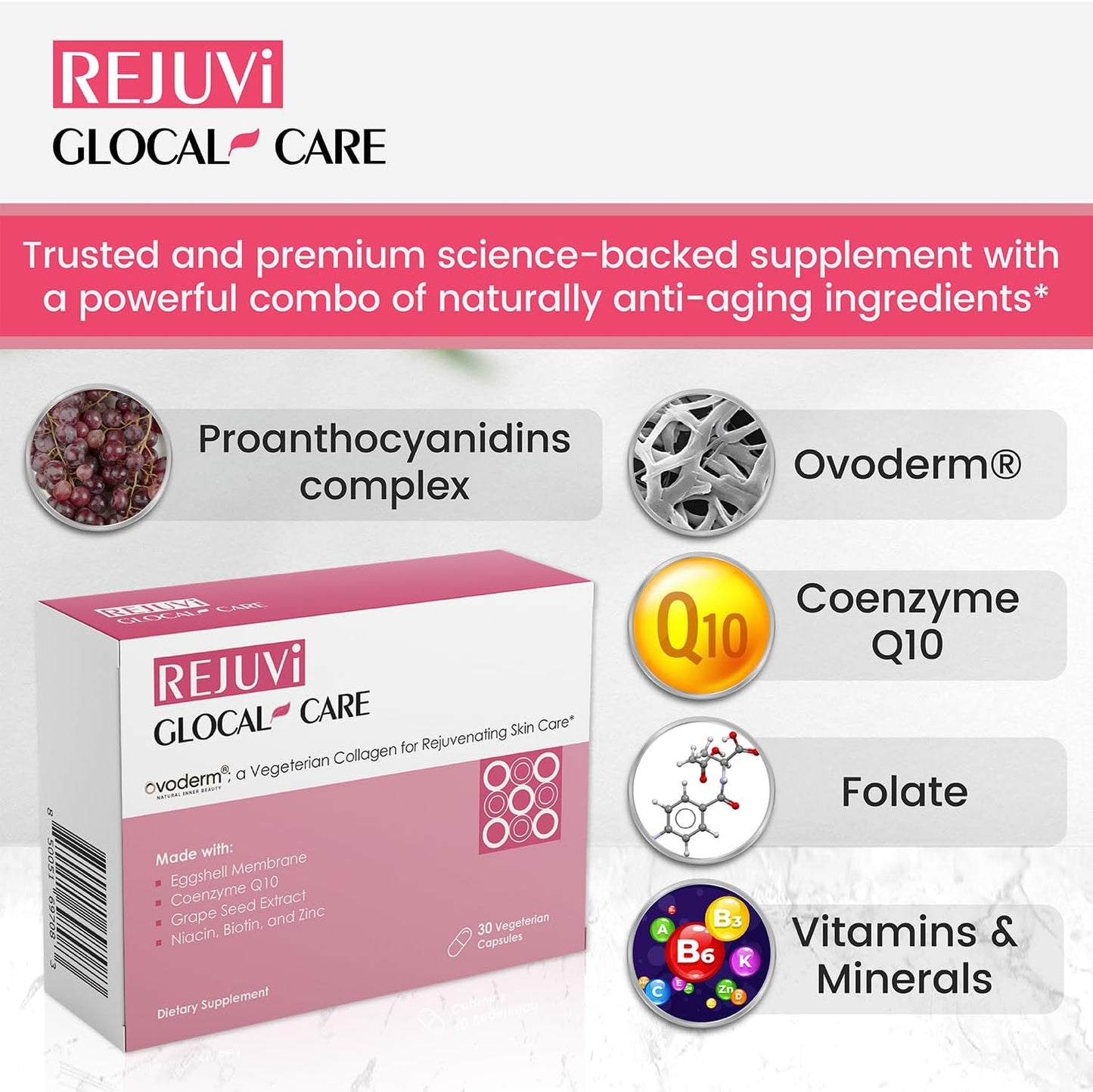 GlocalCare Rejuvi Skin Rejuvenation Cream with Collagen Synthesis, Anti-Wrinkle Properties, Ovoderm, Grape Seed Extract, Coenzyme Q10, and Folate