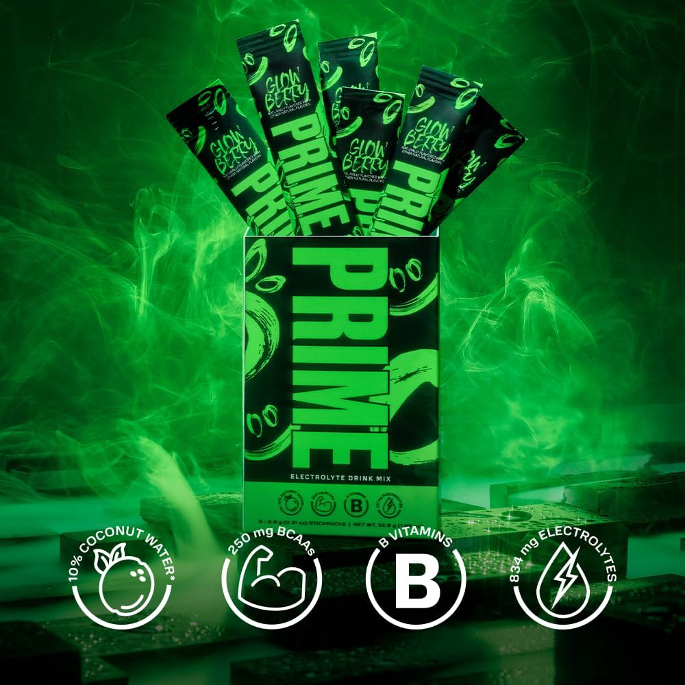 GLOWBERRY Prime Hydration+ Stick Pack - 6 Sticks, Electrolyte Drink Mix with Coconut Water, BCAAs, Antioxidants, Naturally Flavored, Zero Sugar