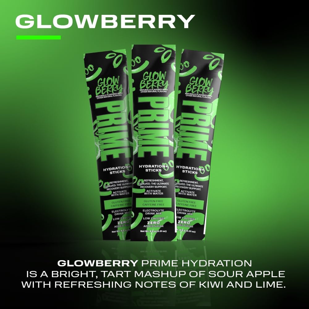 GLOWBERRY Prime Hydration+ Stick Pack - 6 Sticks, Electrolyte Drink Mix with Coconut Water, BCAAs, Antioxidants, Naturally Flavored, Zero Sugar