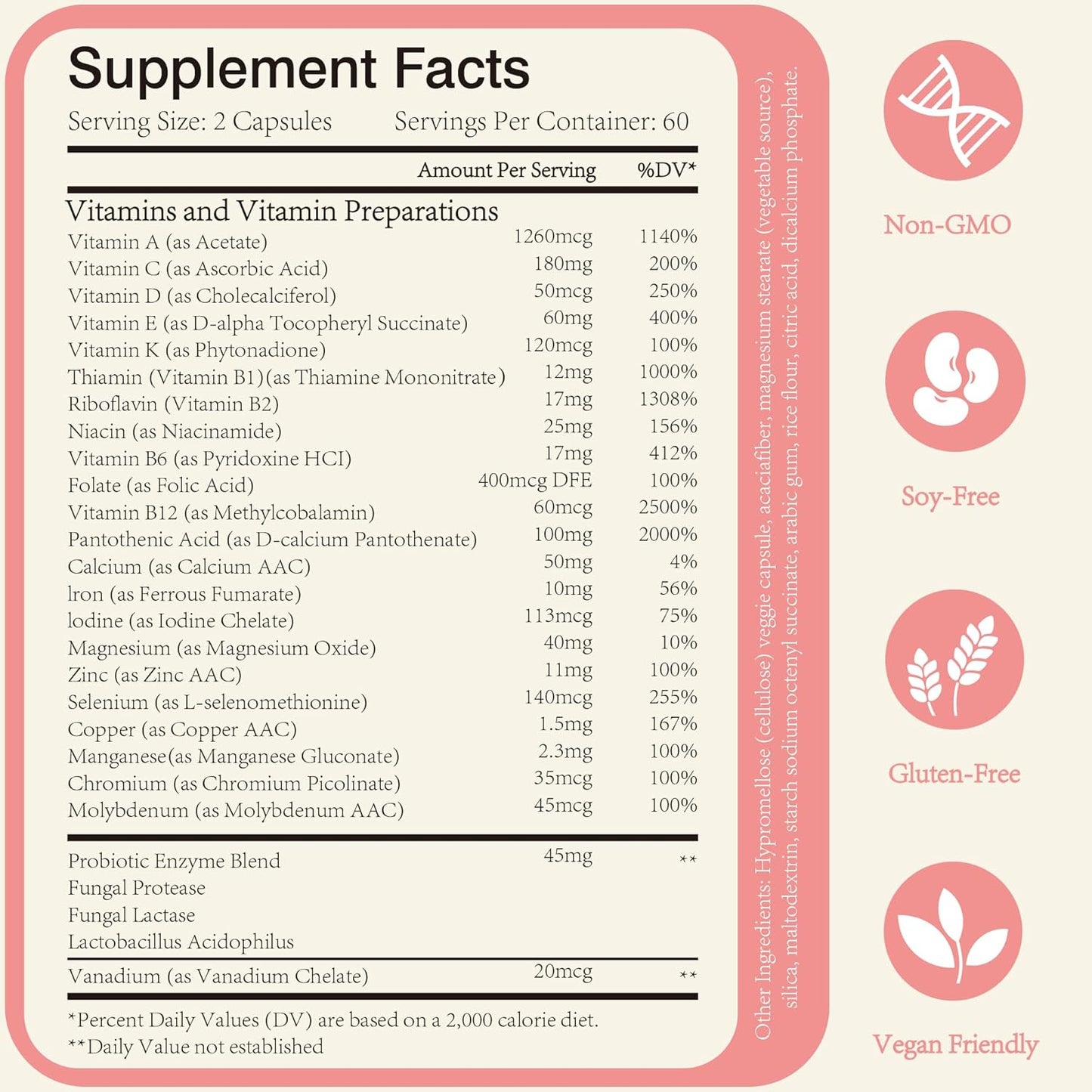 GLPNATU 26-in-1 Multivitamin Supplement with Probiotics for Daily Vitamin Support - 120 Capsules for Men & Women