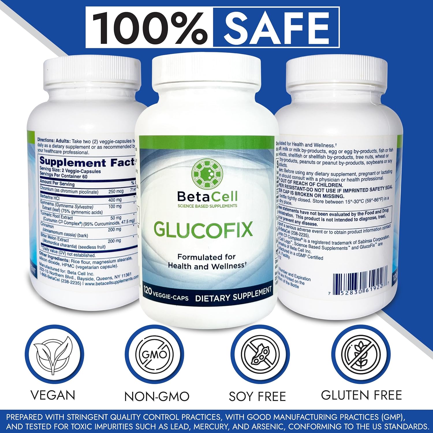 Glucofix Herbal Supplement with Berberine, Cinnamon, Gymnema - 120 Capsules