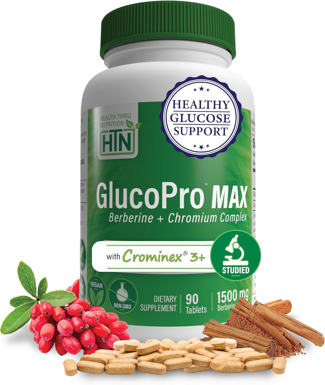 GlucoPro Max Supplement - 1,500mg Berberine, Chrominex, Chromium, 1,000mg Cinnamon | Vegan, Non-GMO, Gluten Free - 90 Capsules