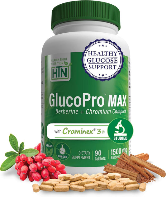 GlucoPro Max Supplement - 1,500mg Berberine, Chrominex, Chromium, 1,000mg Cinnamon | Vegan, Non-GMO, Gluten Free - 90 Capsules