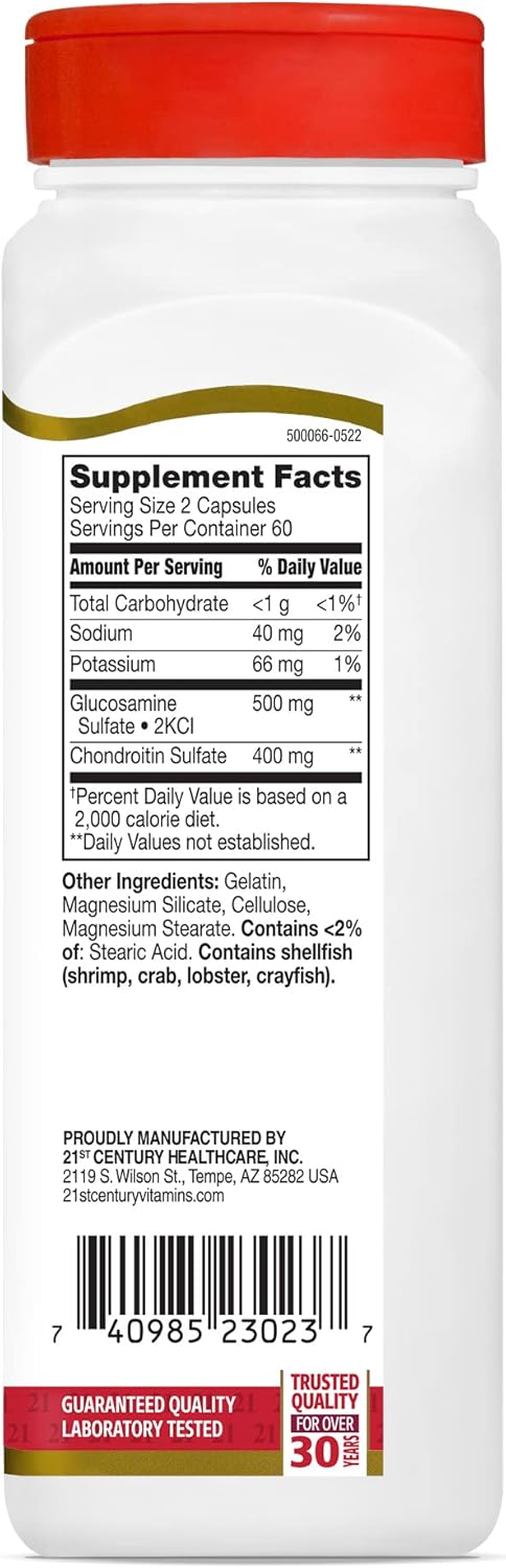 Glucosamine and Chondroitin Capsules, 120 Count, 21st Century Formula with 250 mg and 200 mg Dosage