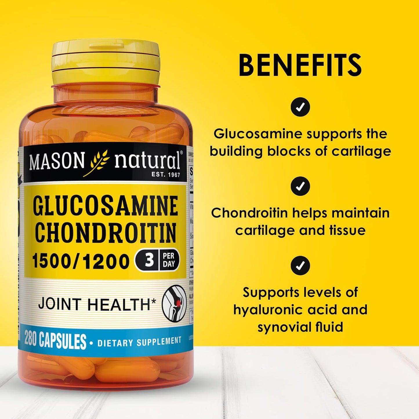 Glucosamine Chondroitin 1500/1200 with Vitamin C for Joint Health - 280 Capsules, 3 Per Day, Mason Natural