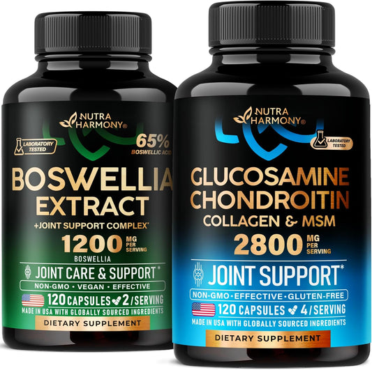 Glucosamine Chondroitin & Boswellia Extract Capsules by NUTRAHARMONY - Joint Support Supplement
