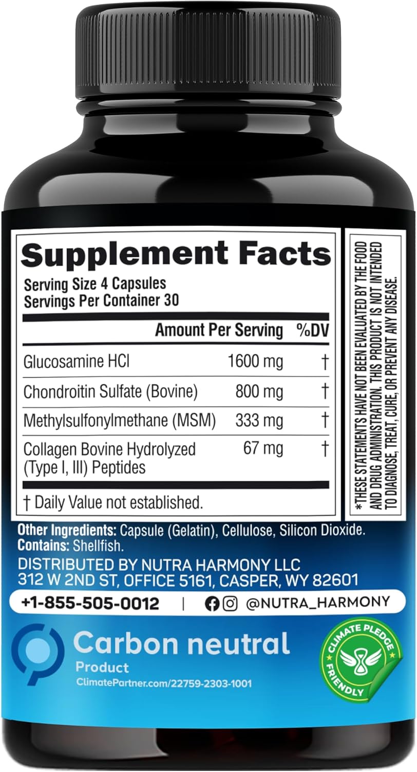 Glucosamine Chondroitin & Boswellia Extract Capsules by NUTRAHARMONY - Joint Support Supplement