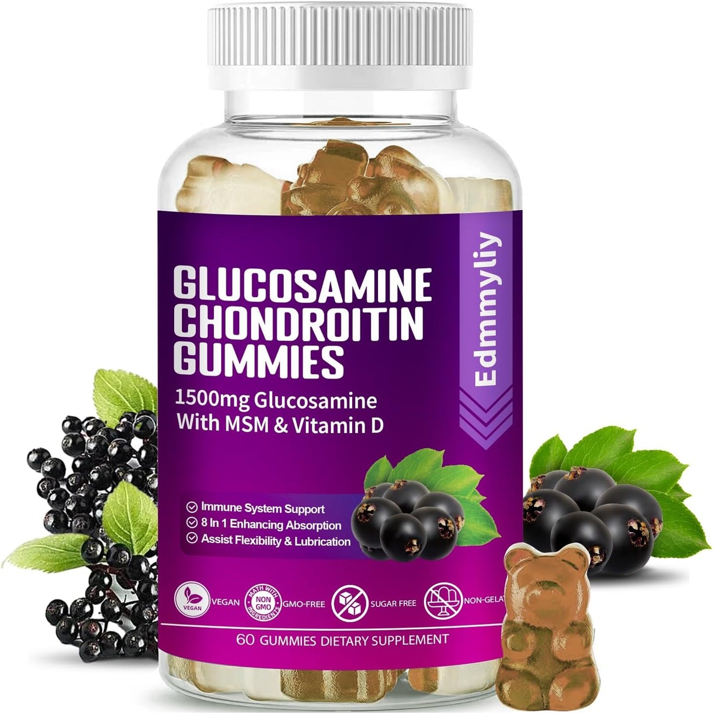 Glucosamine Chondroitin Gummies with Turmeric Hyaluronic Acid Vitamin D3 K2 - 1500mg for Women and Men