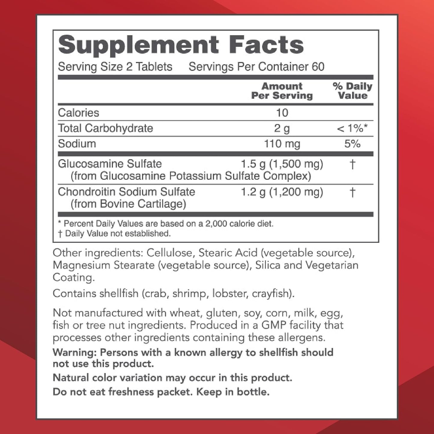 Glucosamine & Chondroitin Joint Support Supplement - Non-GMO, Dairy Free - 120 Tablets